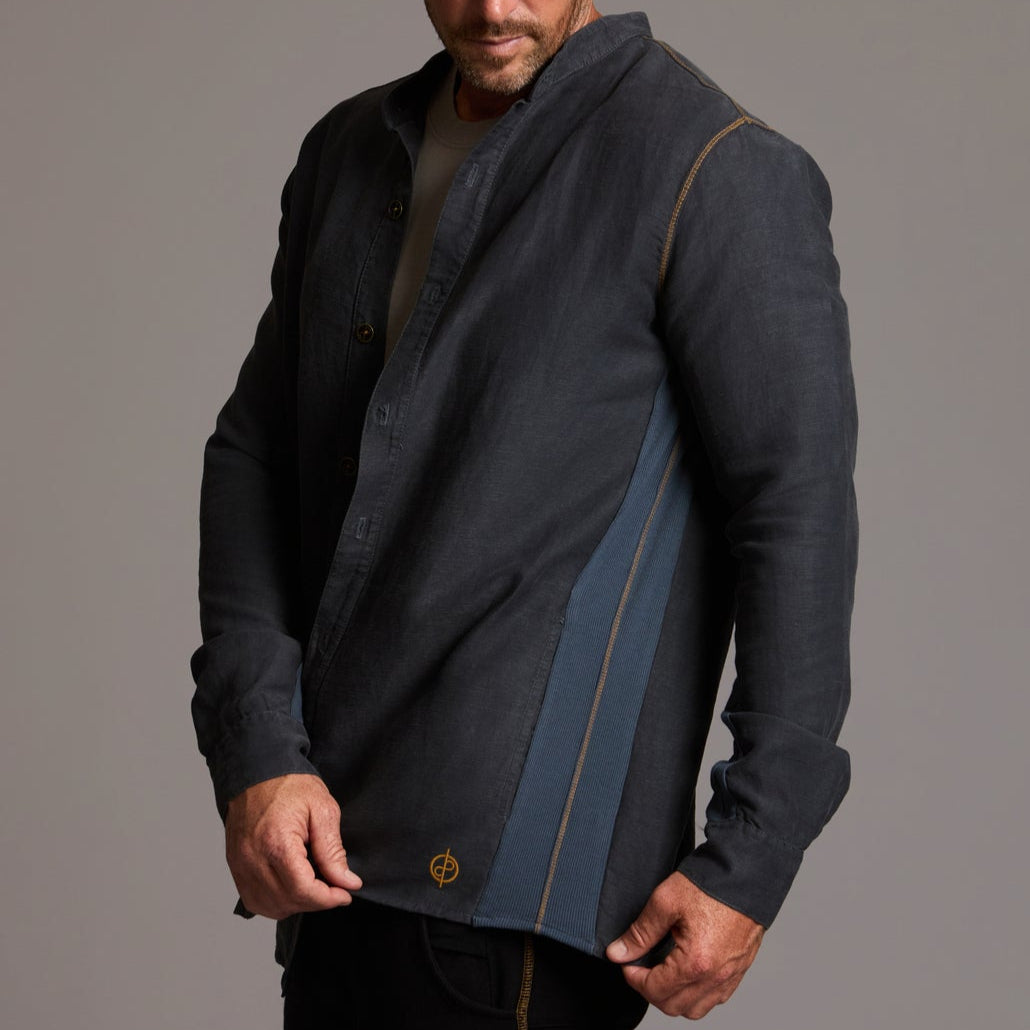 Male modeling Shacket in Charcoal Blue