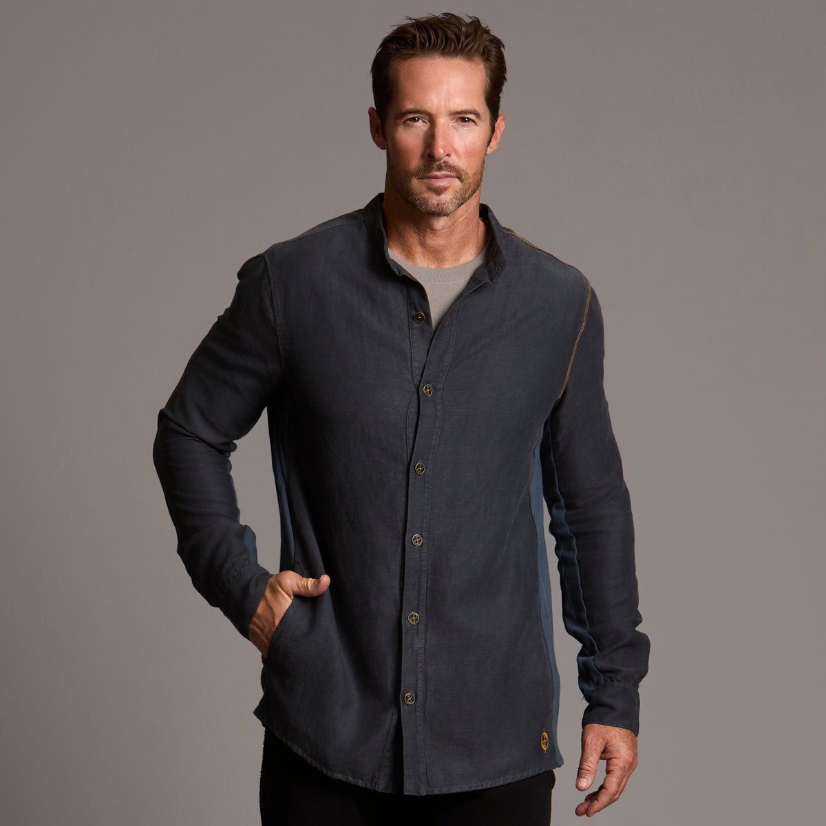 Male modeling Shacket in Charcoal Blue