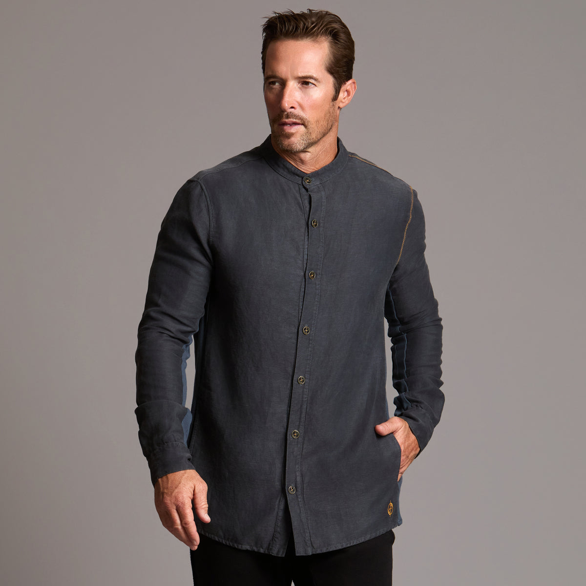 Male modeling Shacket in Charcoal Blue