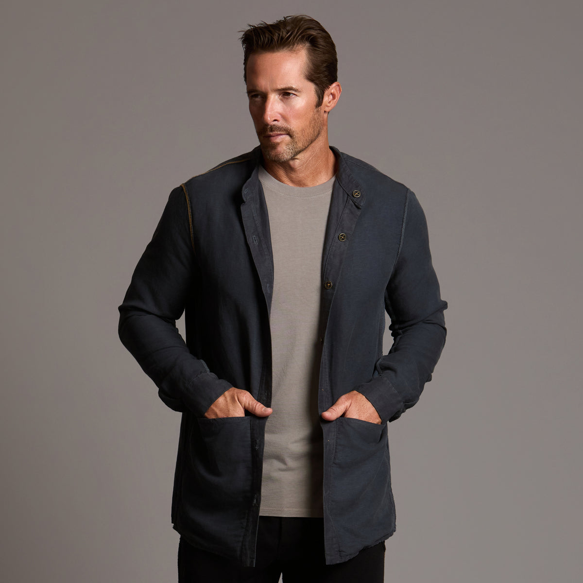 Male modeling Shacket in Charcoal Blue