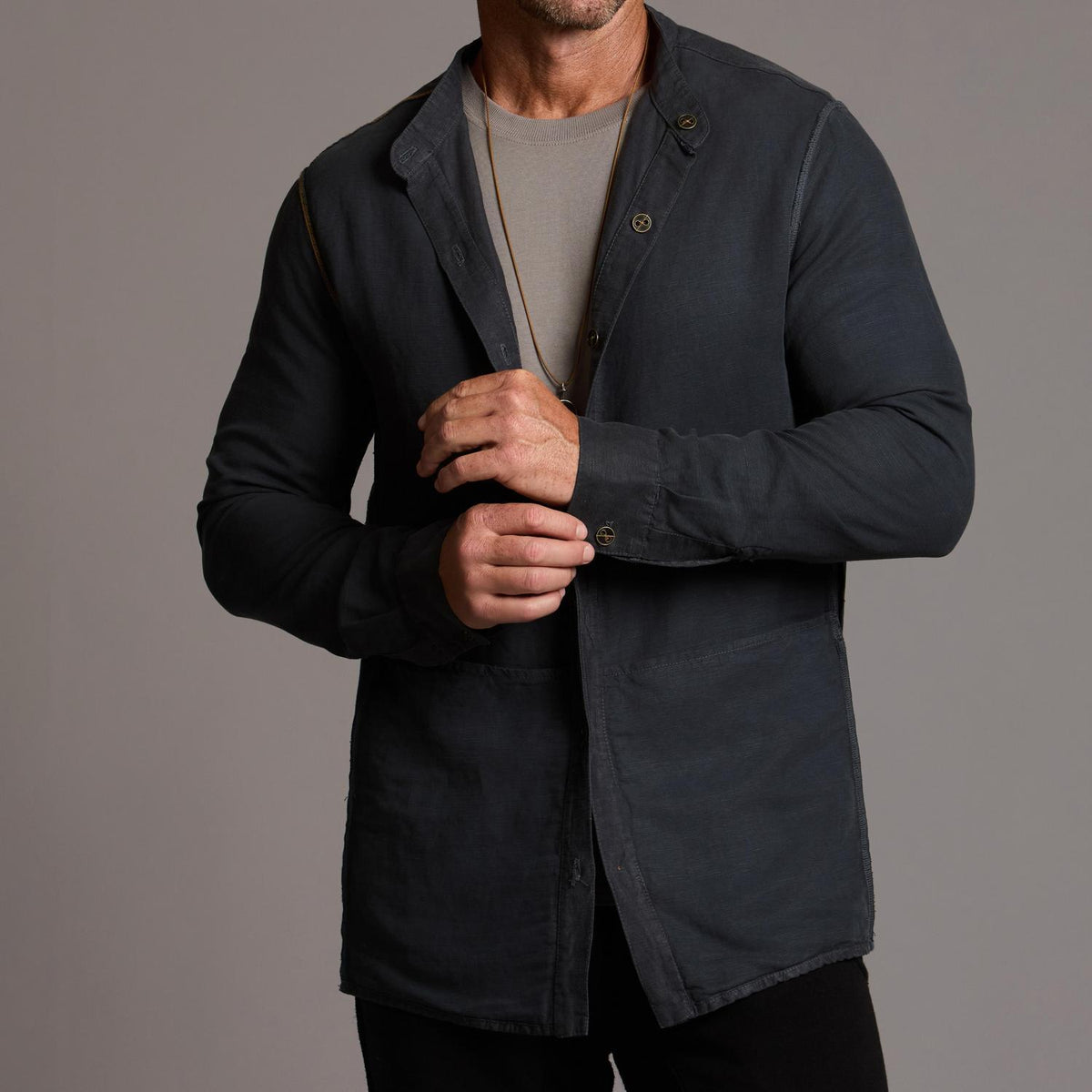 Male modeling Shacket in Charcoal Blue