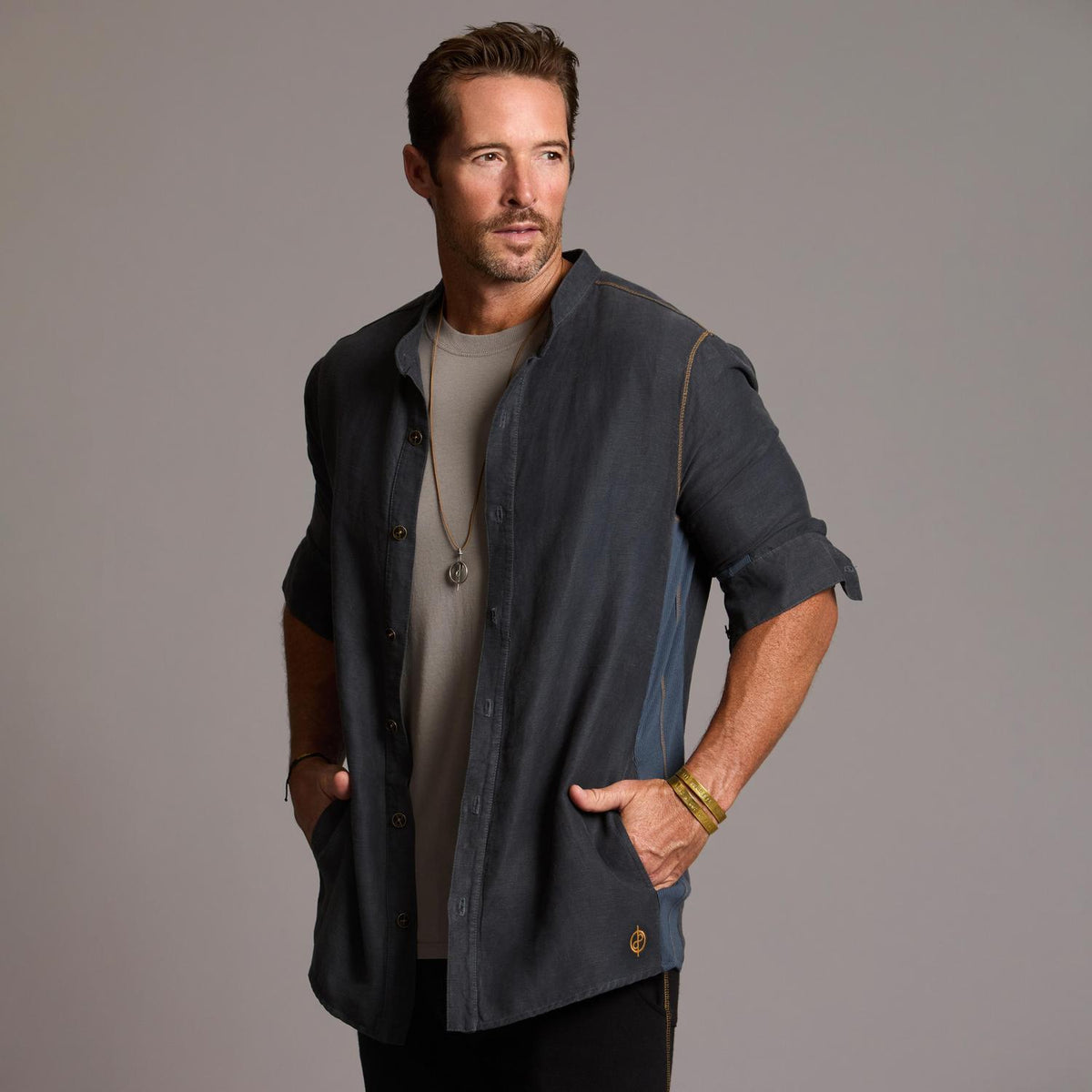 Male modeling Shacket in Charcoal Blue
