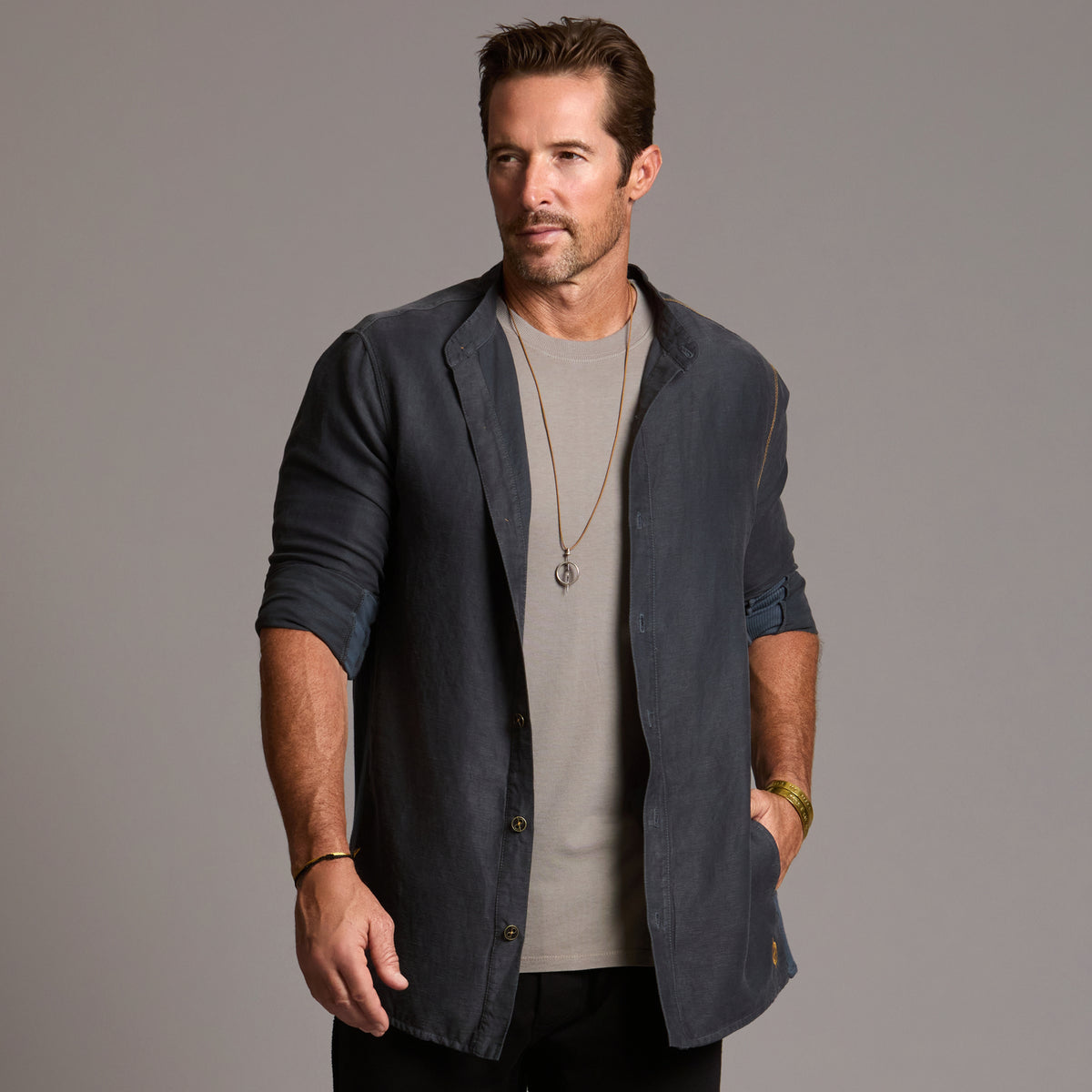Male modeling Shacket in Charcoal Blue