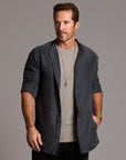Male modeling Shacket in Charcoal Blue