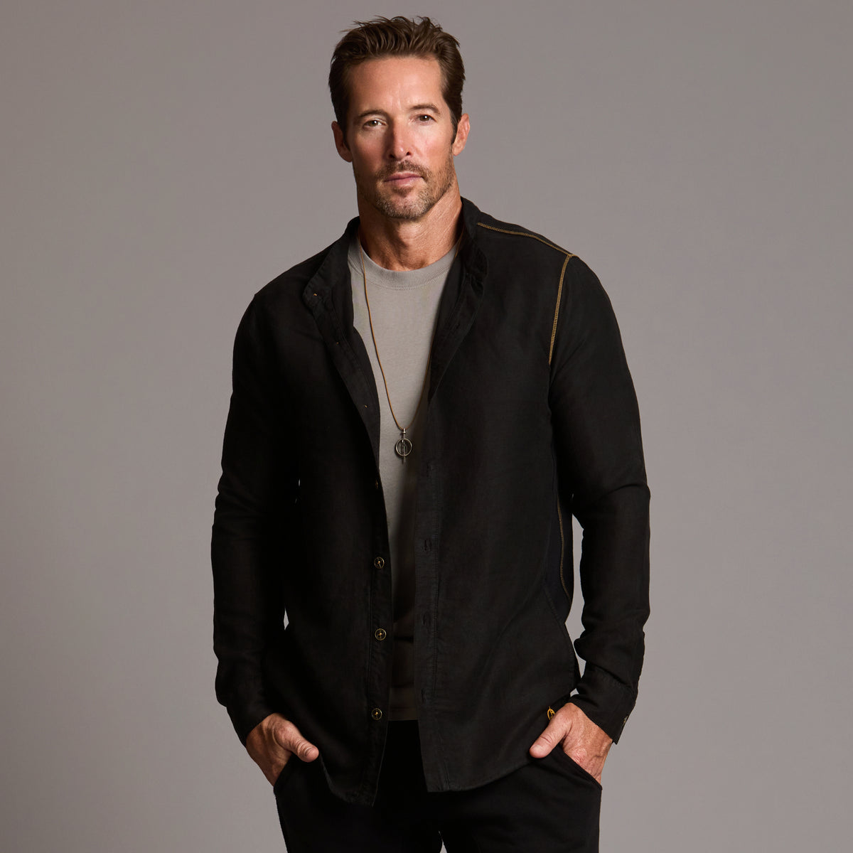 Male modeling Shacket in Black