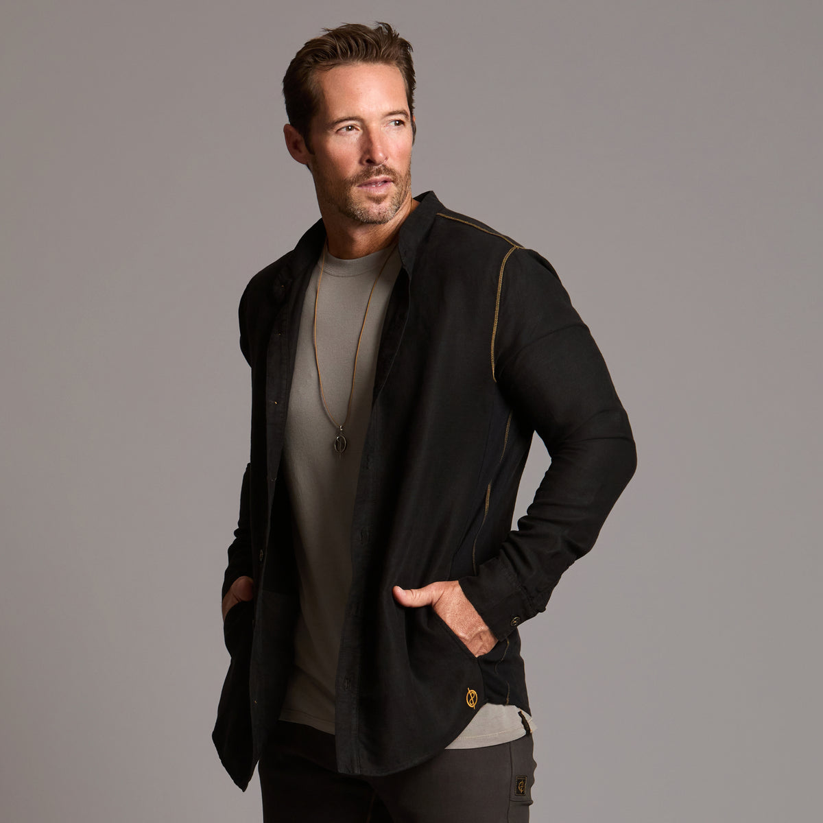 Male modeling Shacket in Black