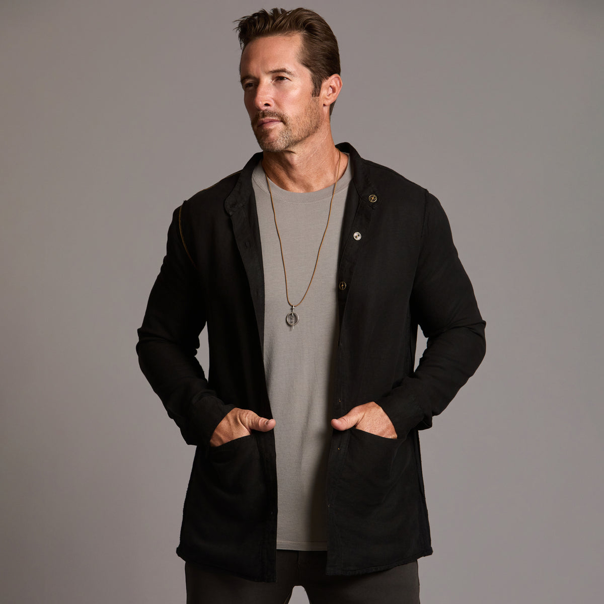 Male modeling Shacket in Black
