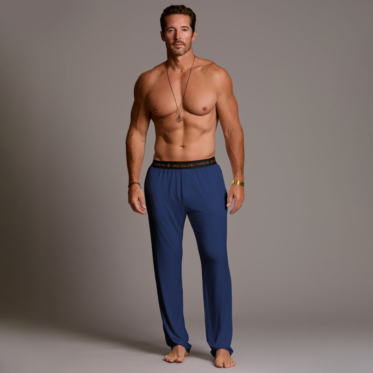Male modeling blue treesilk pants