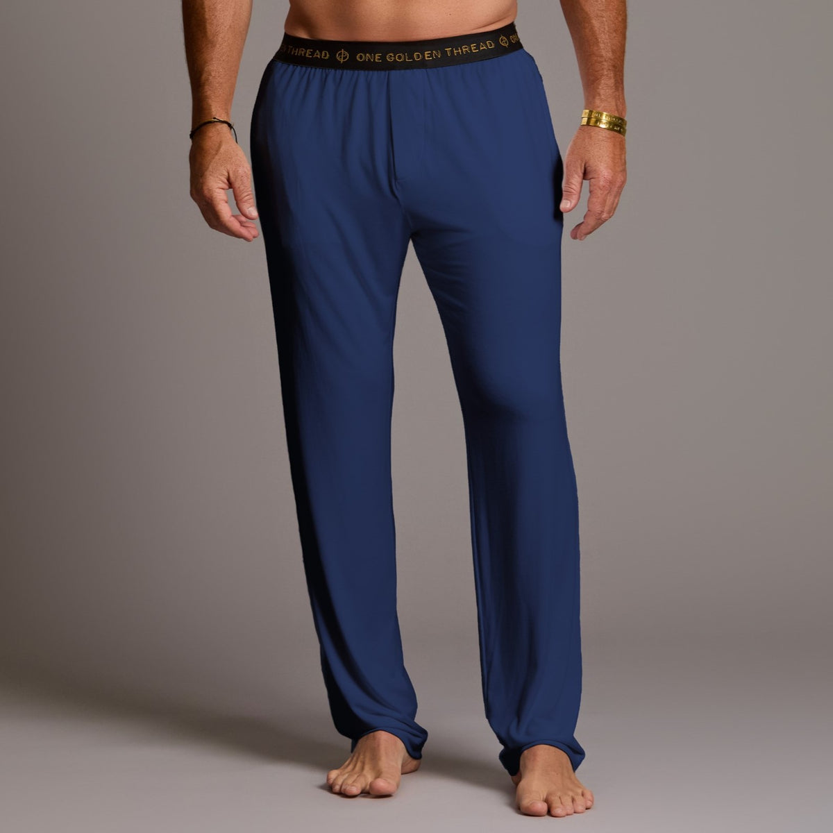 Male modeling blue treesilk pants