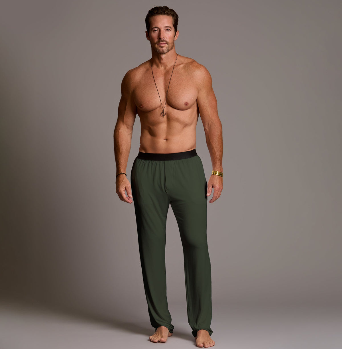 man modeling urban forest treesilk pants