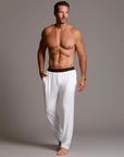 Male modeling the white tree silk pant