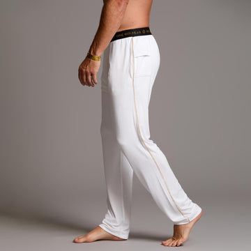Male modeling the white tree silk pant