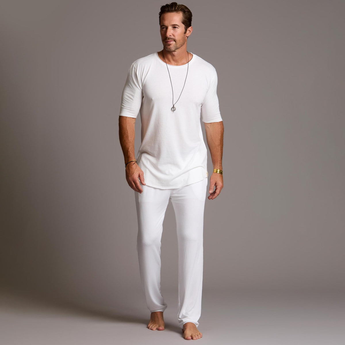 Male modeling the white tree silk pant