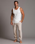 man modeling pants in white stone