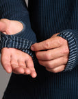A man modeling a One Golden Thread Waffle Long Sleeve Raglan shirt in blue mineral