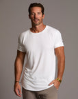 Male modeling white crew neck shirt