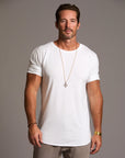 Male modeling white crew neck shirt