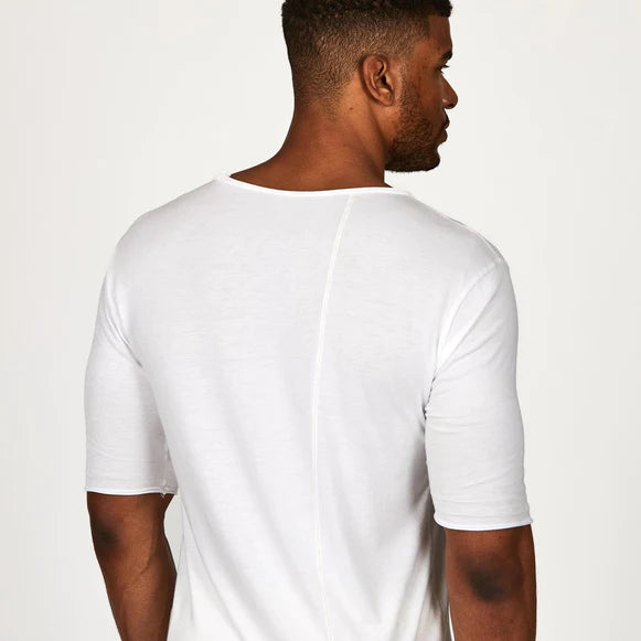 Male modeling white crew neck shirt 