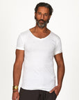 Male modeling white v neck shirt 