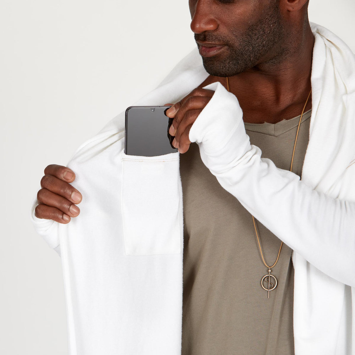 Male modeling white kairos duster