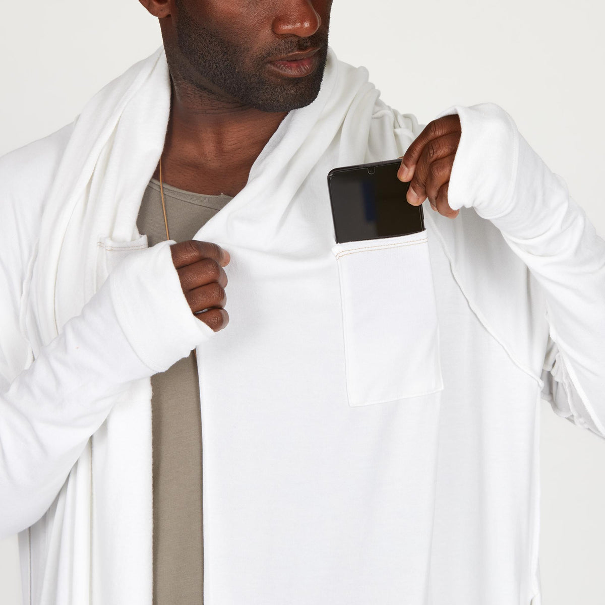 Male modeling white kairos duster