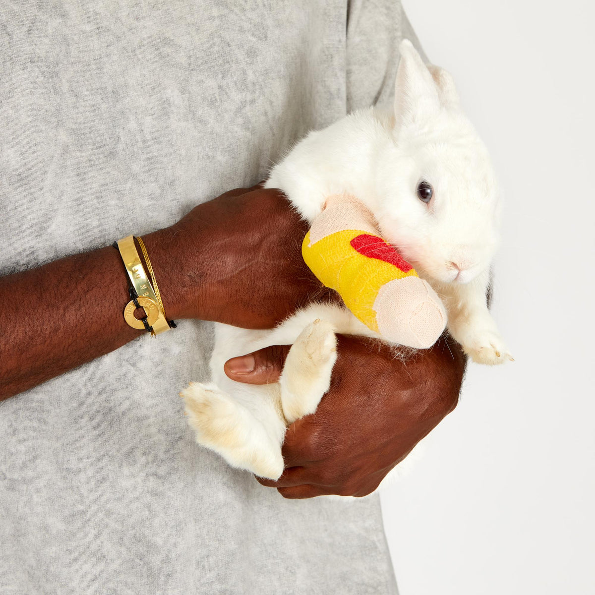A man wearing the One Golden Thread Fleece Sweater v neck shirt in   grey mineral color while holding a bunny