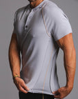 Man modeling a Blue Clay colored Short Sleeve Henley shirt