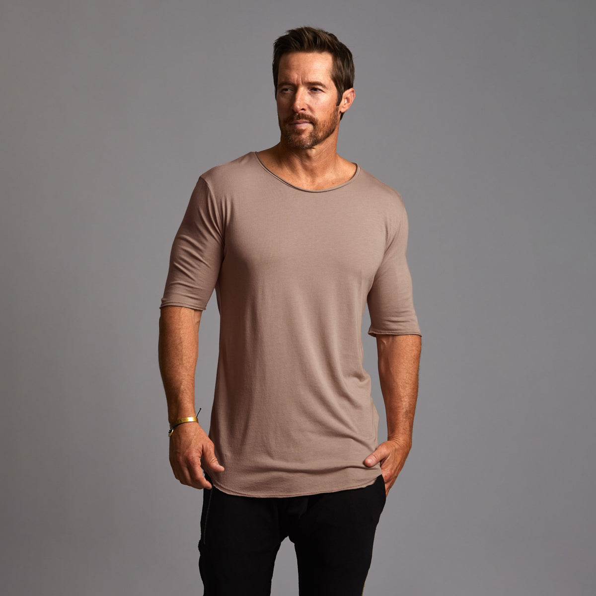 male modeling taupe tee