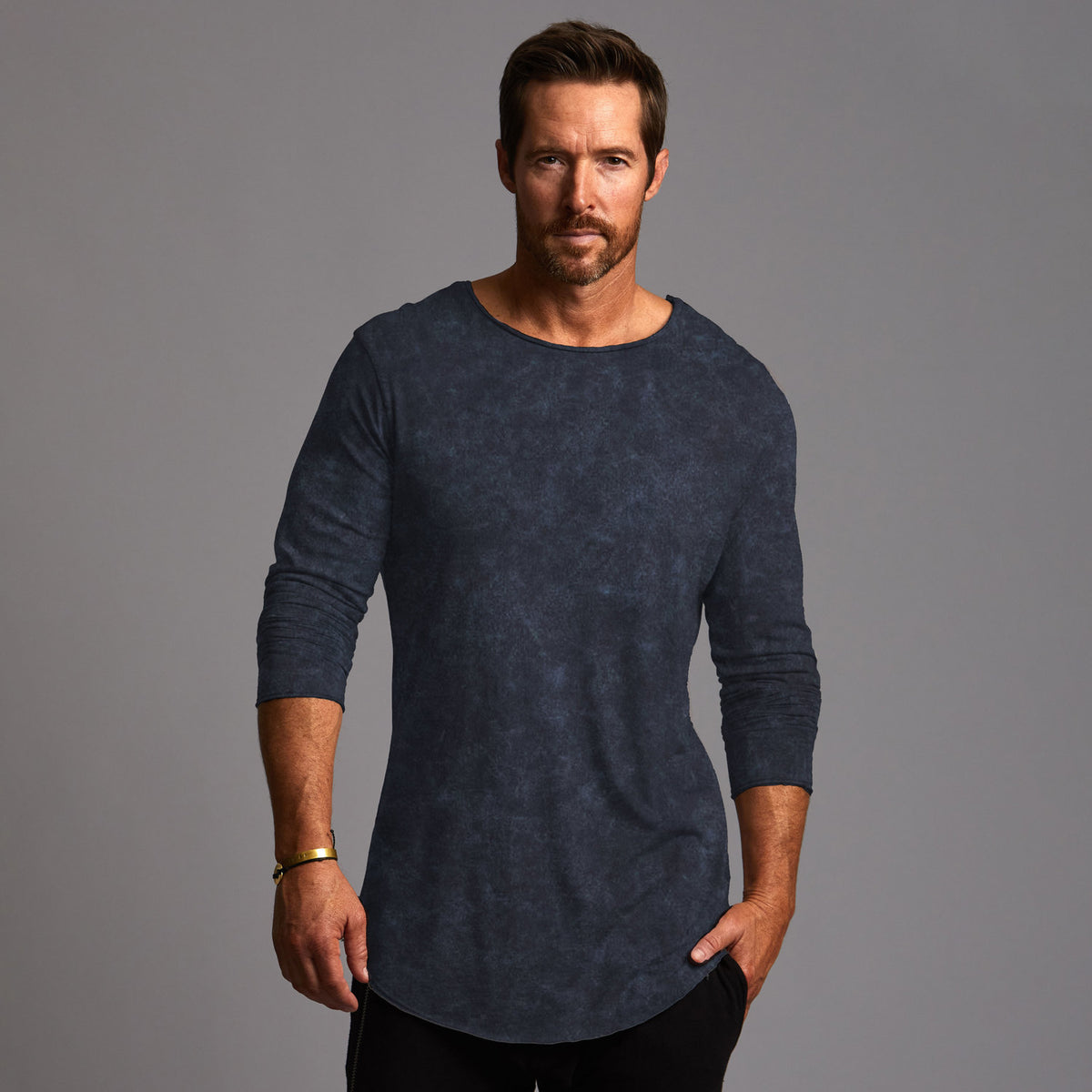 male modeling blue mineral crew tee