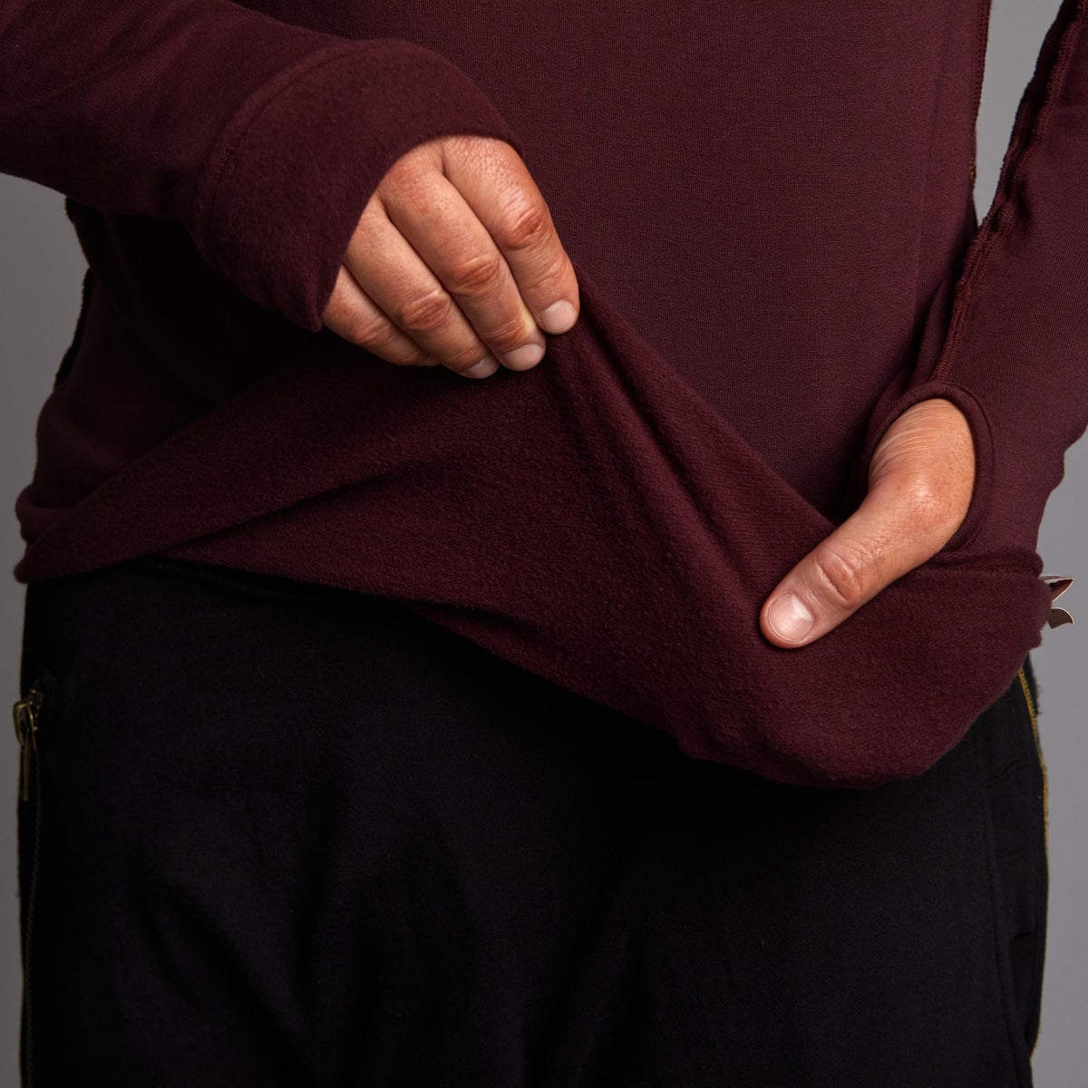 Male modeling red long sleeve raglan