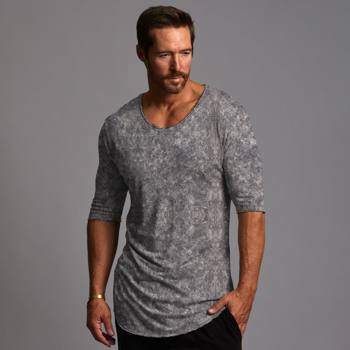 Male modeling grey mineral v neck shirt