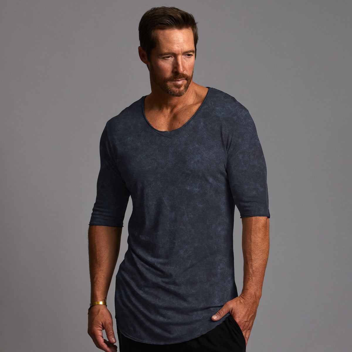 male modeling blue mineral v neck tee