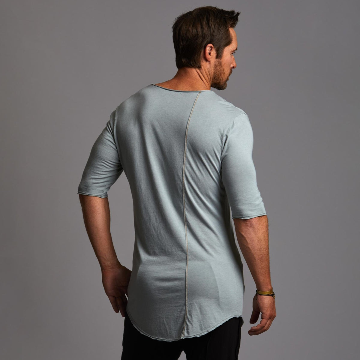 Male modeling an Agave colored V Neck Tree Shirt