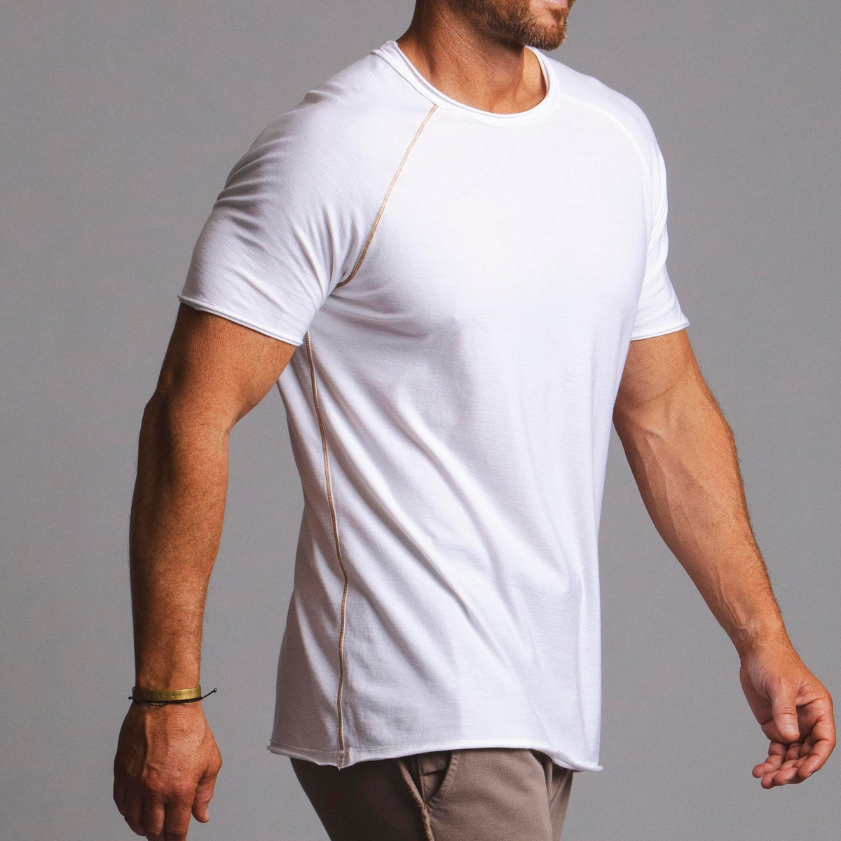Male modeling white ultimate tree shirt 