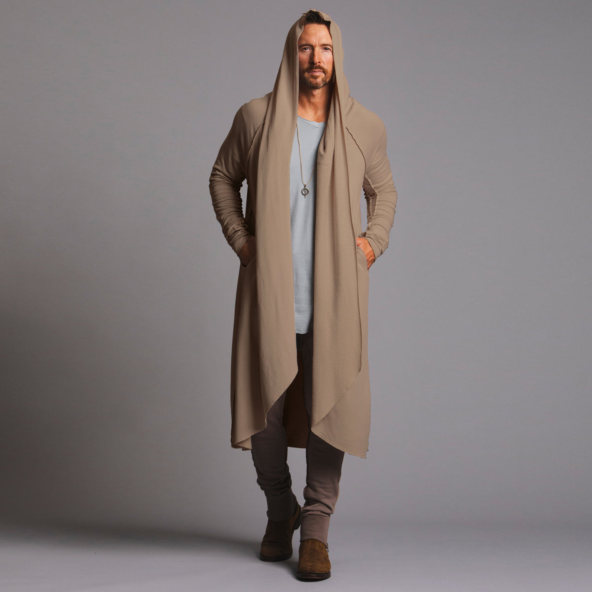 male modeling kairos duster in shroom