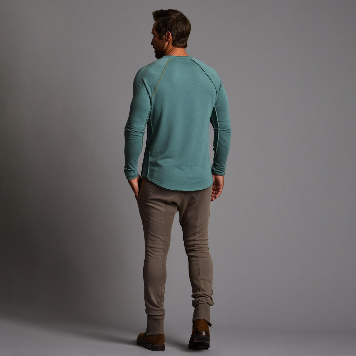 Man modeling the milano pant in shroom