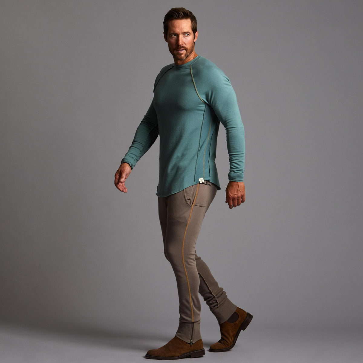 Man modeling the milano pant in shroom