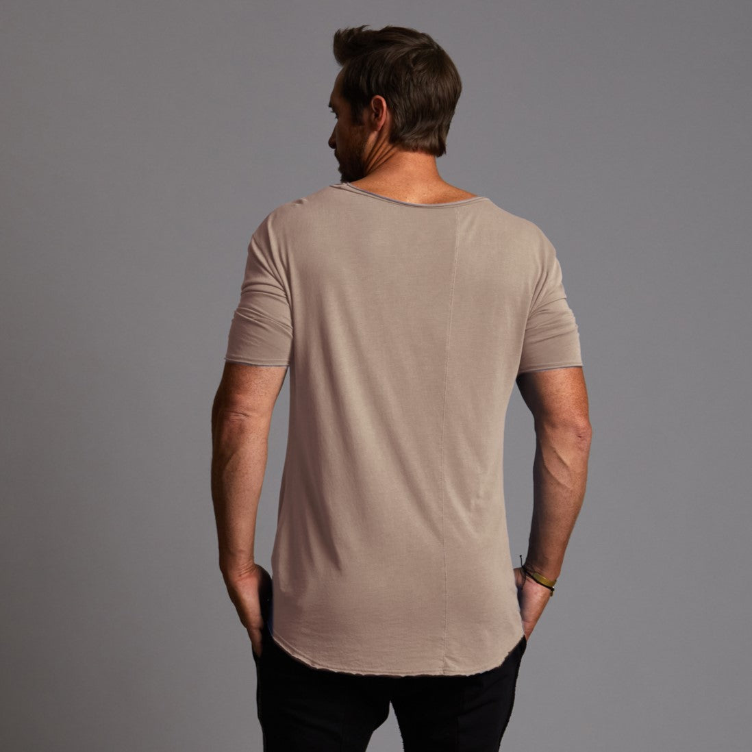 male modeling taupe tee