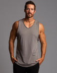 Man modeling a Clay gray tank top