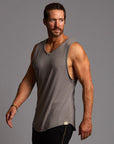 Man modeling a Clay gray tank top