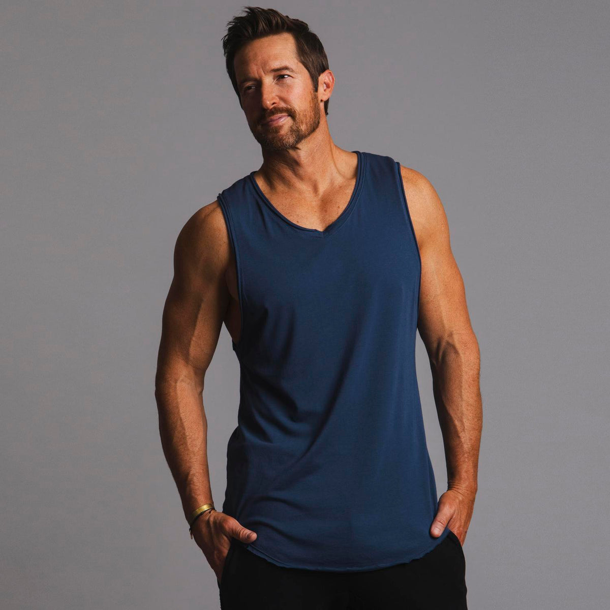 Man modeling a Royal blue tank top