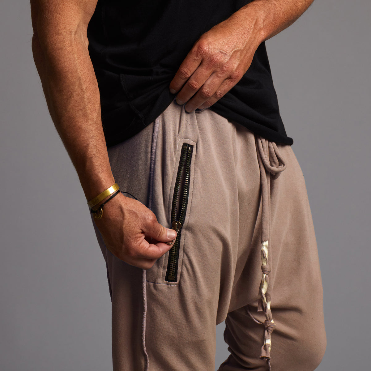 male modeling taupe tree pants