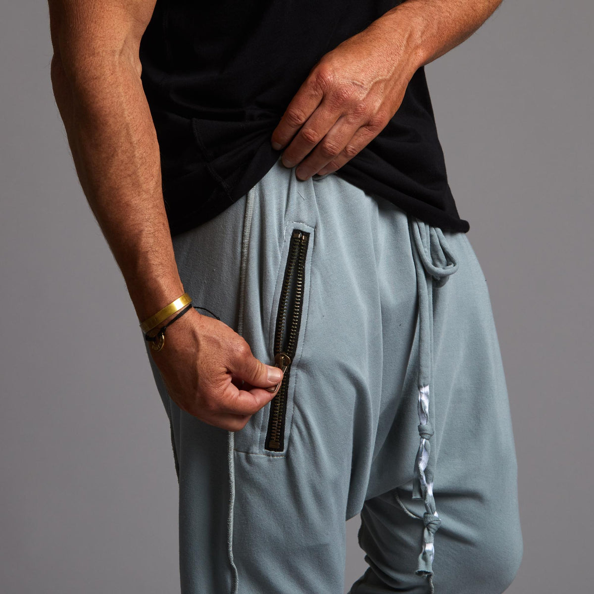 Male modeling Agave colored pants