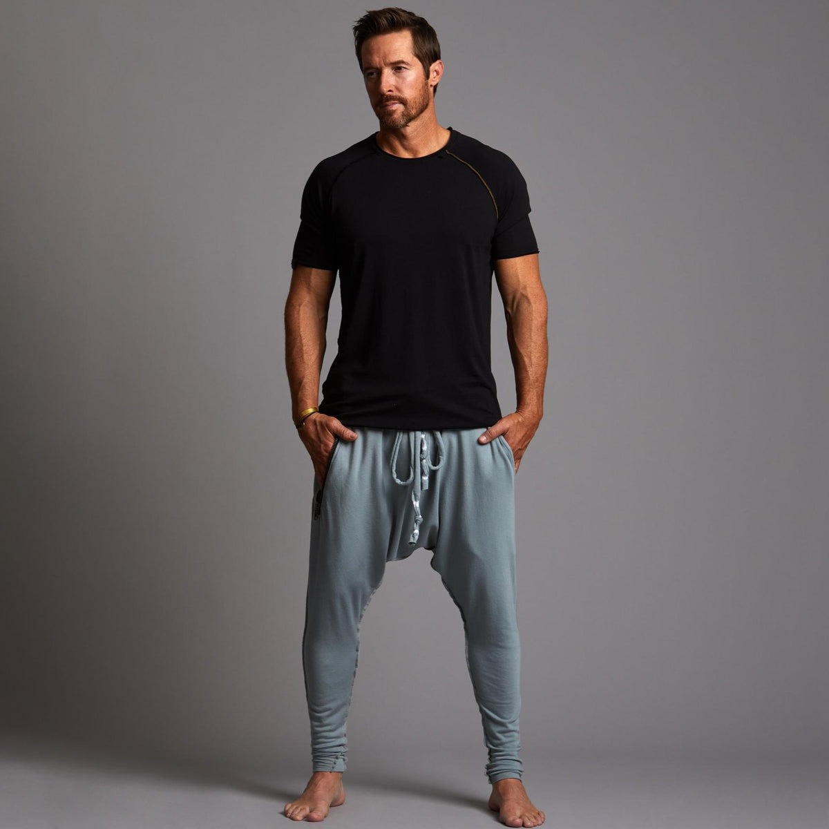Male modeling Agave colored pants