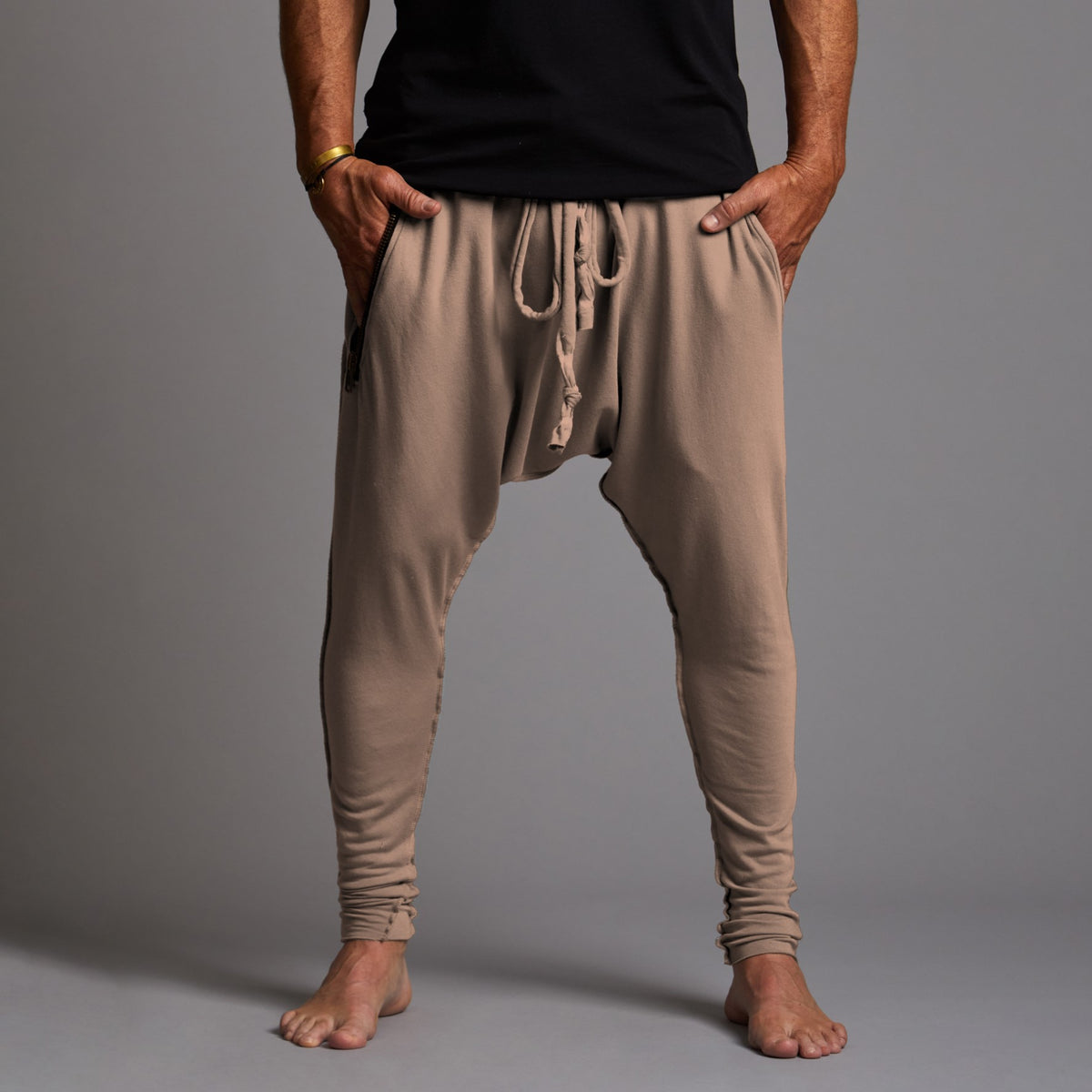 male modeling taupe tree pants