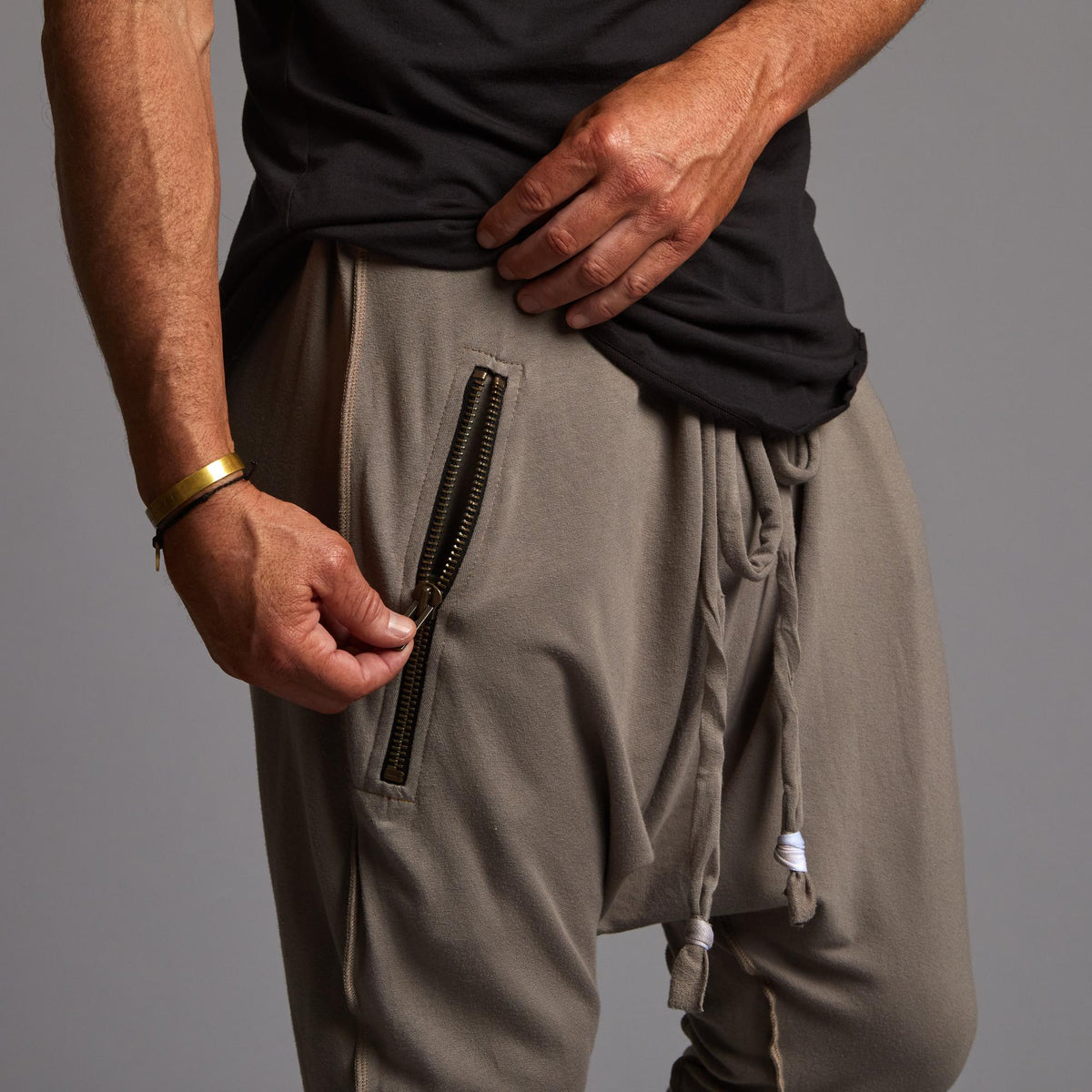 Male modeling Shroom colored pants