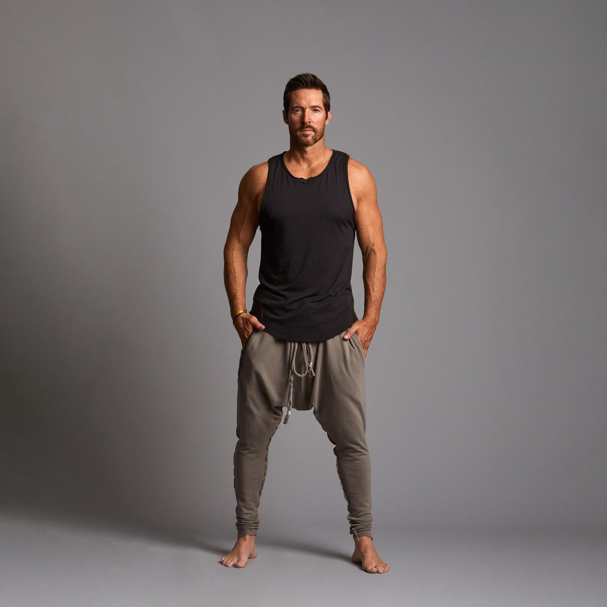 Male modeling Shroom colored pants