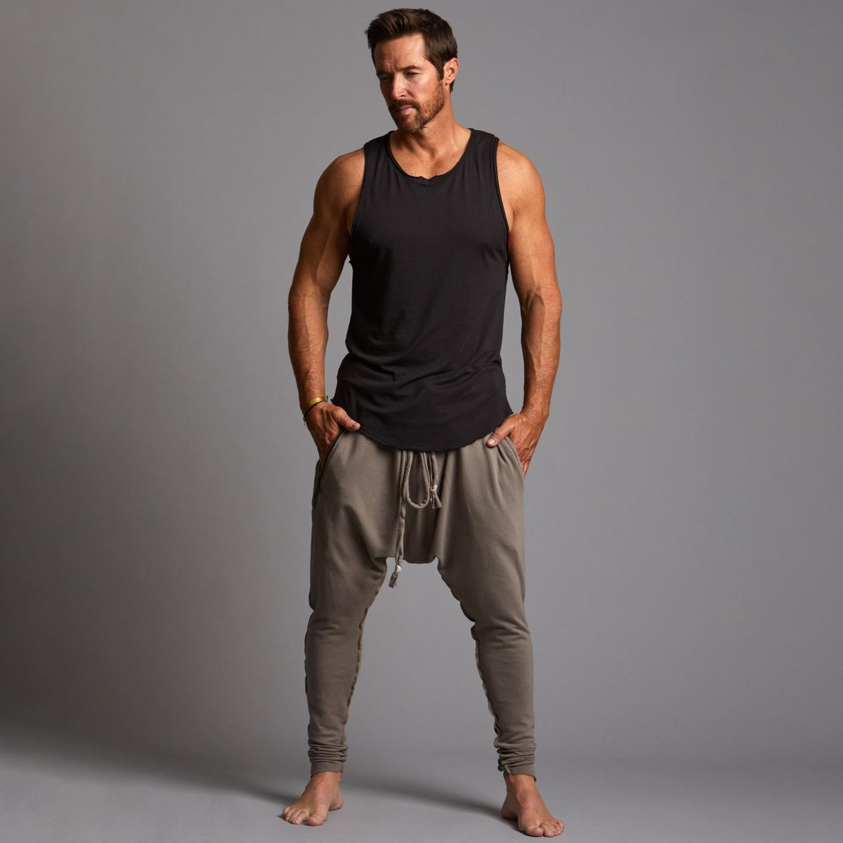 Male modeling Shroom colored pants