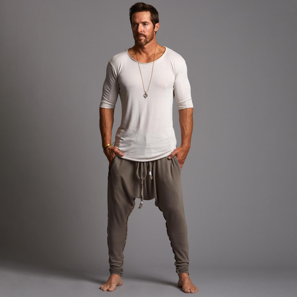 Male modeling Shroom colored pants
