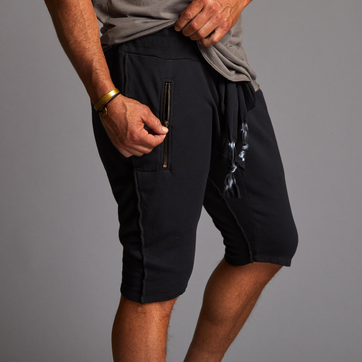 A man modeling charcoal blue milanos mid shorts